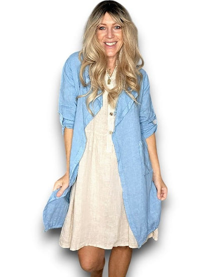 Blue Long Drawstring Linen Jkt