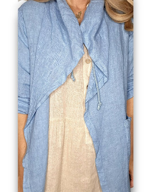 Blue Long Drawstring Linen Jkt