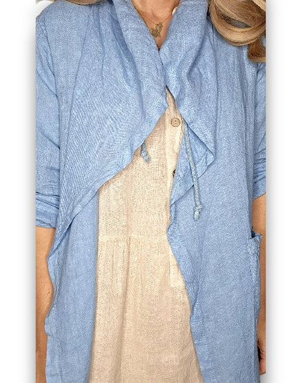 Blue Long Drawstring Linen Jkt