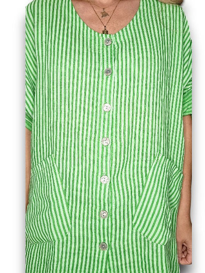 Bright Green Stripe Pearl Buttons Shirt