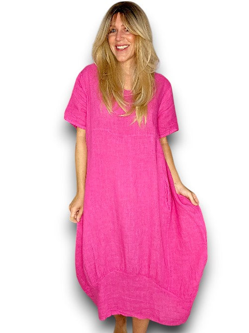 Hot Pink Plain Mid Sleeve Maxi Dress