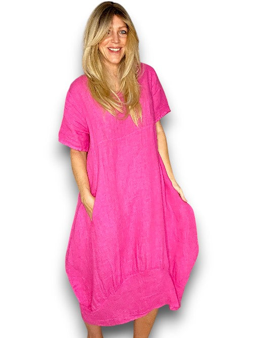 Hot Pink Plain Mid Sleeve Maxi Dress