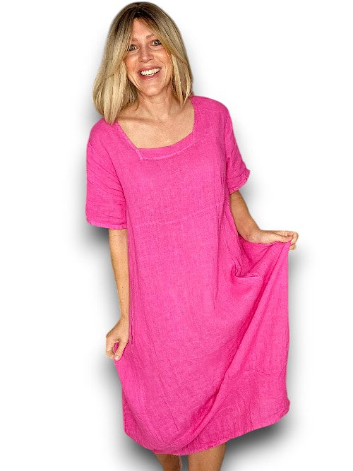 Hot Pink Plain Mid Sleeve Maxi Dress