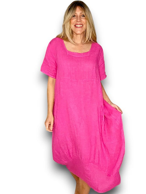 Hot Pink Plain Mid Sleeve Maxi Dress