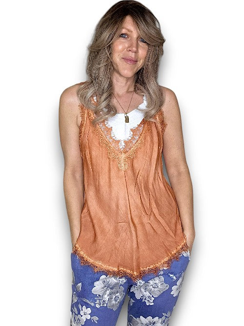 Washed Brick Silky Lace Singlet
