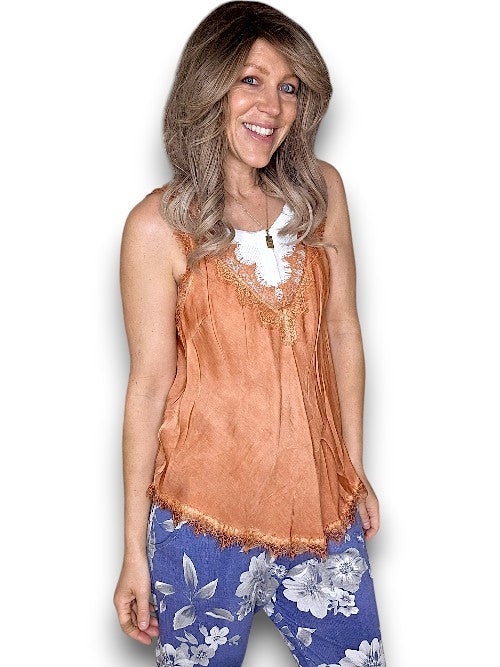 Washed Brick Silky Lace Singlet