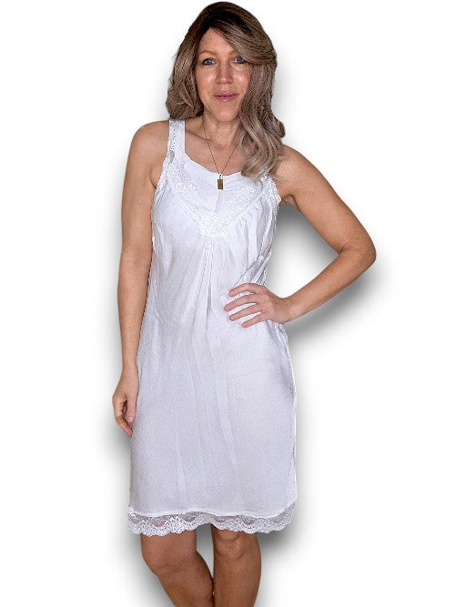 Washed White Silky Lace Slip Dress