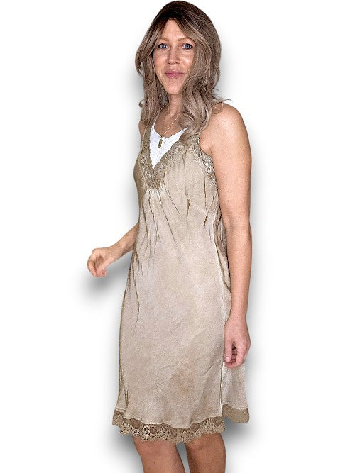 Washed Mocha Silky Lace Slip Dress