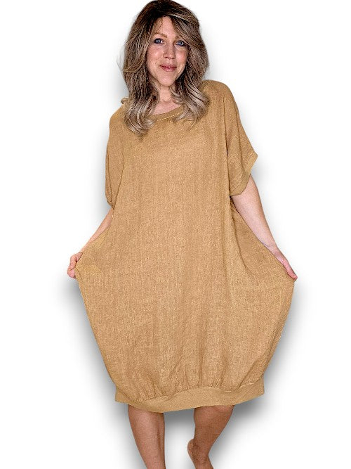 Caramel Plain Elastic Hem Dress