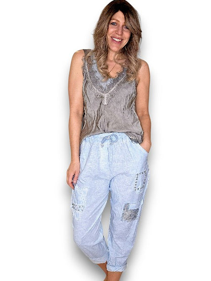 Baby Blue Diamond Pkt Linen/Cotton Pant