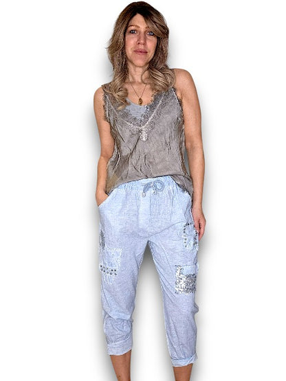 Baby Blue Diamond Pkt Linen/Cotton Pant