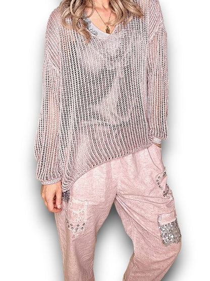 Beige V-neck Long Sleeve Knit