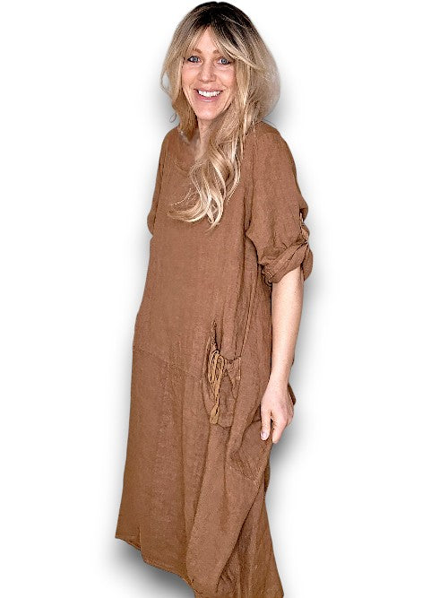 Coffee Plain Button Sleeve Maxi Dress