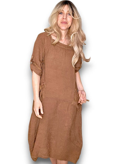 Coffee Plain Button Sleeve Maxi Dress