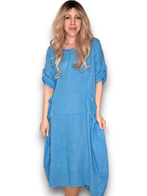 Dark Turquoise Plain Button Sleeve Maxi Dress