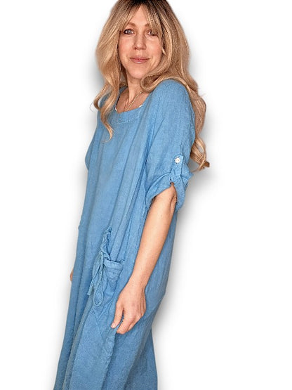 Dark Turquoise Plain Button Sleeve Maxi Dress