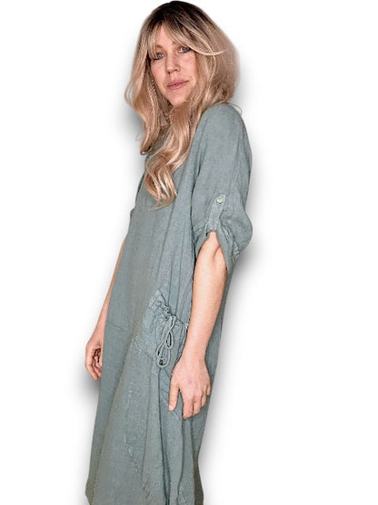 Grey Plain Button Sleeve Maxi Dress