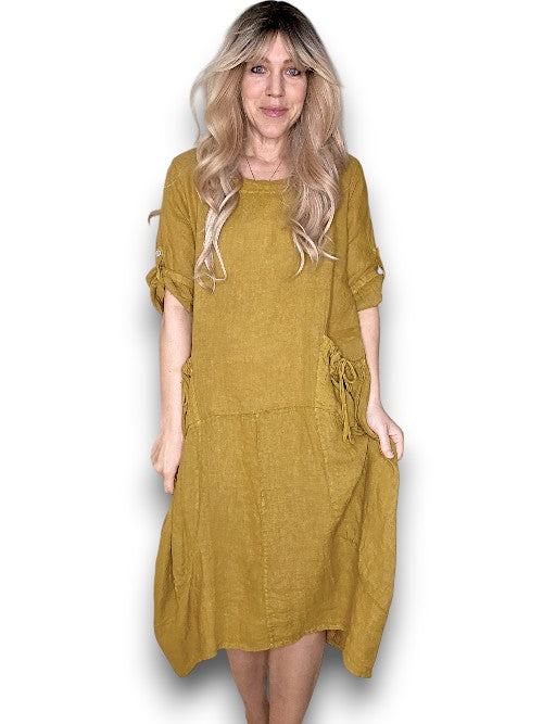 Mustard Plain Button Sleeve Maxi Dress