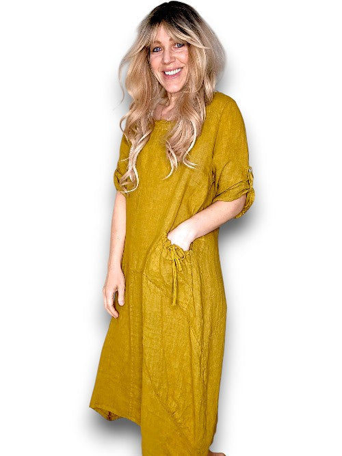 Mustard Plain Button Sleeve Maxi Dress