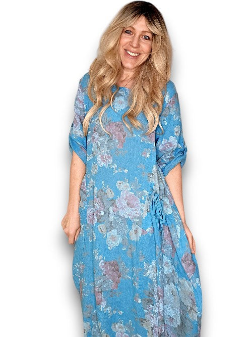 Dark Turquoise Scarlett Rose Button Sleeve Maxi Dress