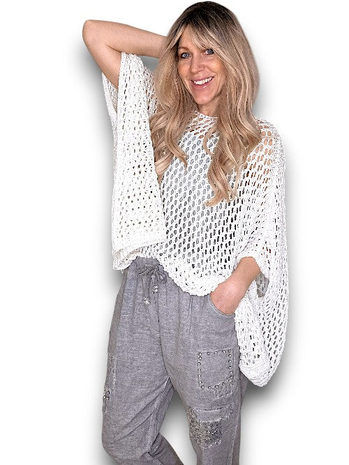 White Glitter Hollow Knit Poncho