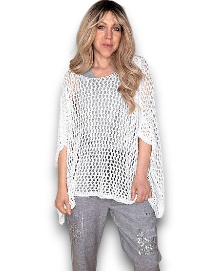 White Glitter Hollow Knit Poncho
