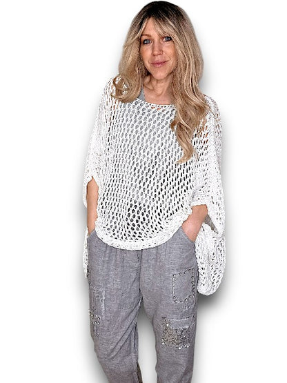 White Glitter Hollow Knit Poncho