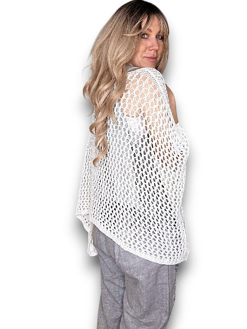 White Glitter Hollow Knit Poncho