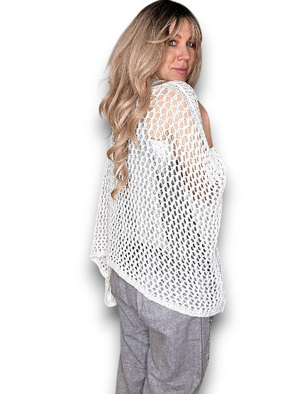 White Glitter Hollow Knit Poncho