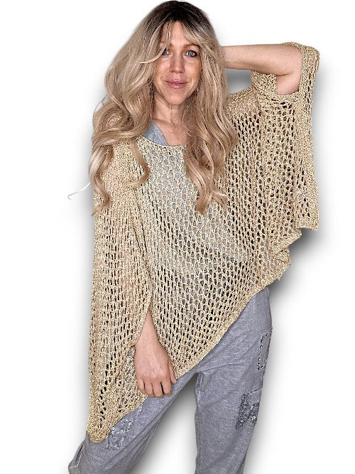 Gold Glitter Hollow Knit Poncho