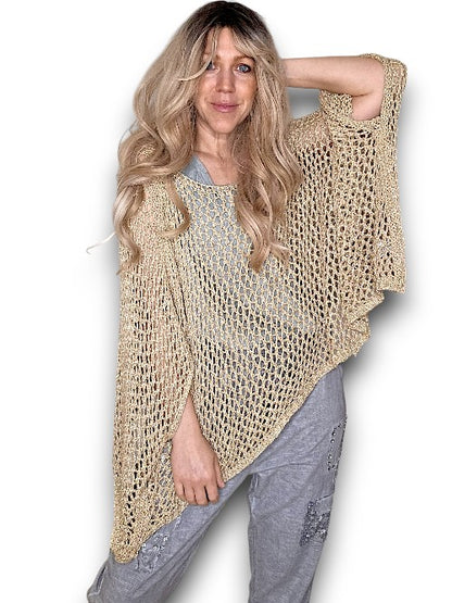 Gold Glitter Hollow Knit Poncho