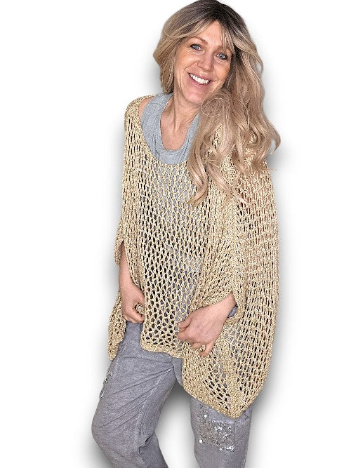 Gold Glitter Hollow Knit Poncho