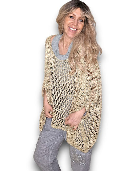 Gold Glitter Hollow Knit Poncho
