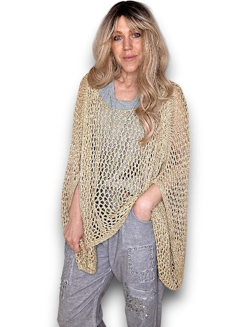 Gold Glitter Hollow Knit Poncho