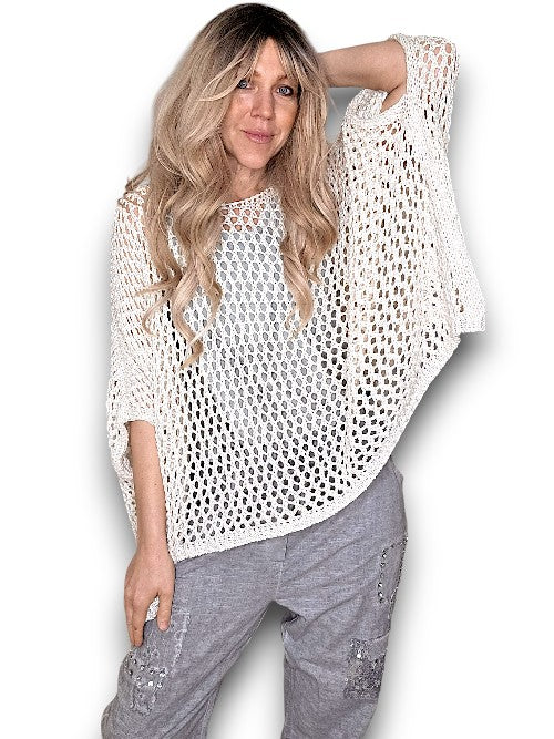 Cream Glitter Hollow Knit Poncho