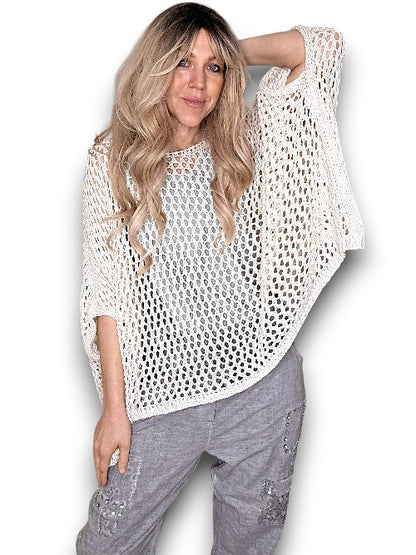 Cream Glitter Hollow Knit Poncho