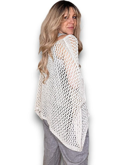 Cream Glitter Hollow Knit Poncho