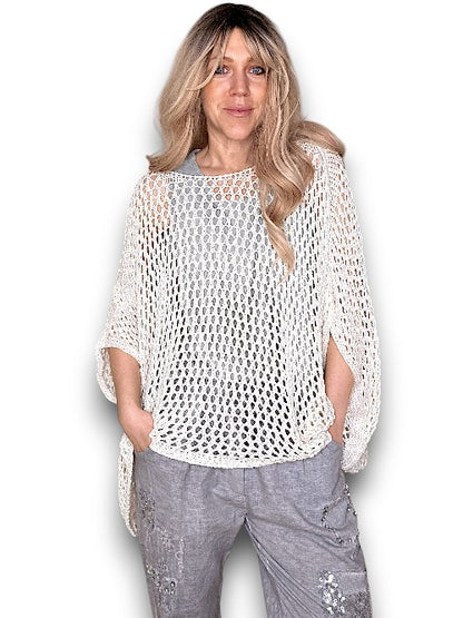 Cream Glitter Hollow Knit Poncho