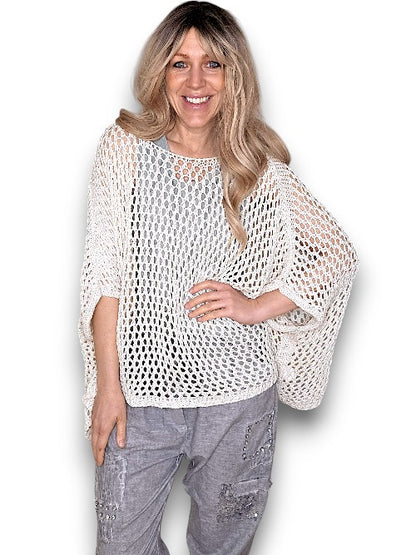 Cream Glitter Hollow Knit Poncho