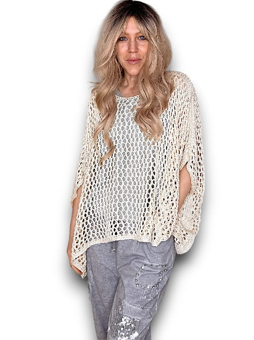 Cream Glitter Hollow Knit Poncho