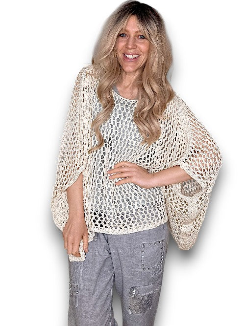 Cream Glitter Hollow Knit Poncho