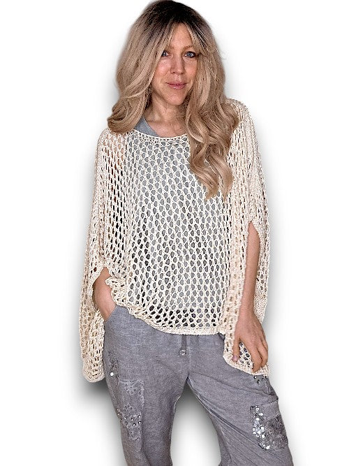 Cream Glitter Hollow Knit Poncho