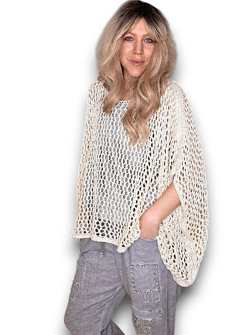 Cream Glitter Hollow Knit Poncho