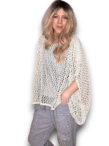 Cream Glitter Hollow Knit Poncho