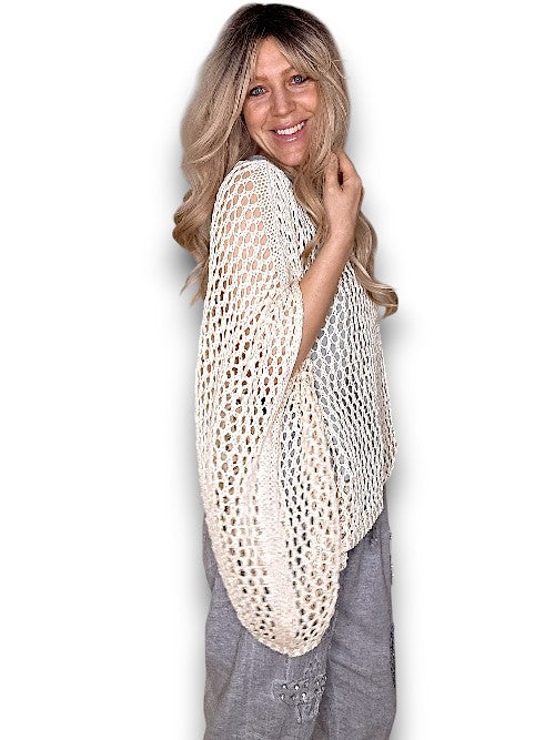 Cream Glitter Hollow Knit Poncho