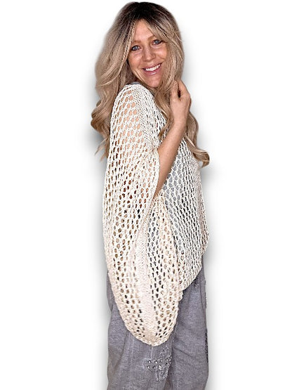 Cream Glitter Hollow Knit Poncho