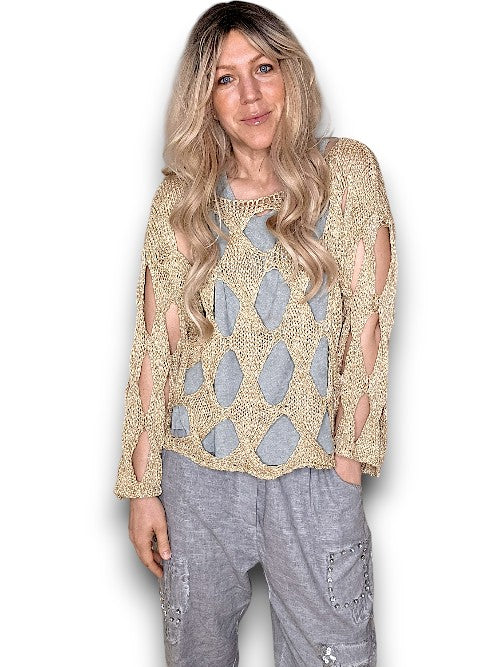 Gold Glitter Diamond Hollow Lng Sl Knit