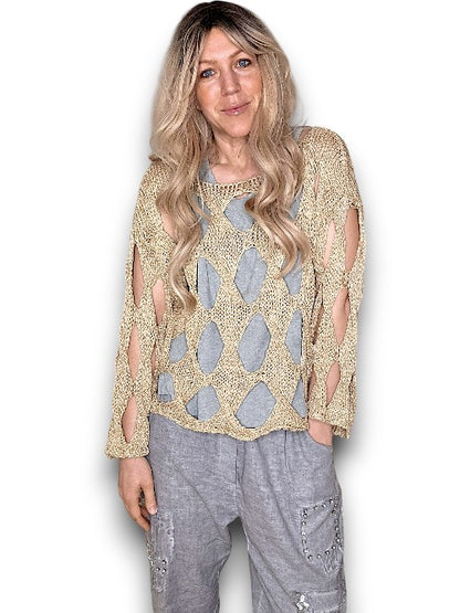 Gold Glitter Diamond Hollow Lng Sl Knit