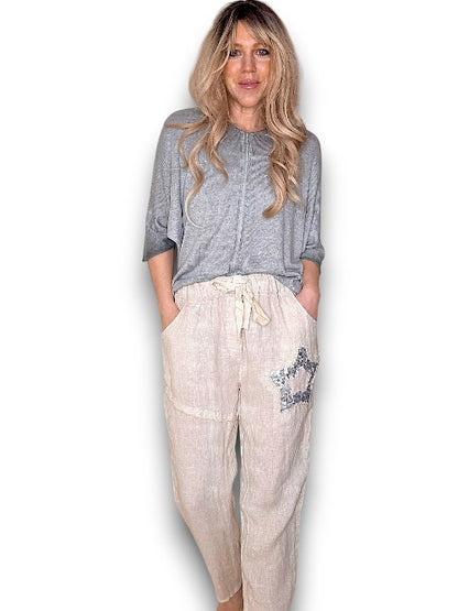 Beige Linen Star Pants