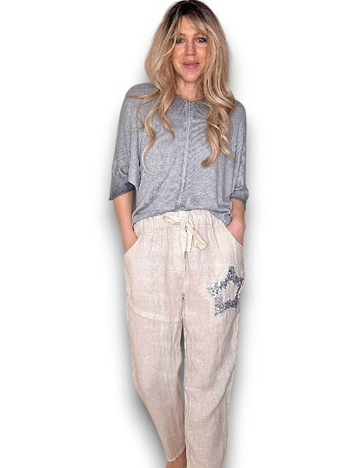Beige Linen Star Pants